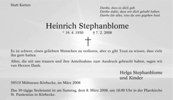 Traueranzeige von Heinrich Stephanblome von WESTFÄLISCHER ANZEIGER