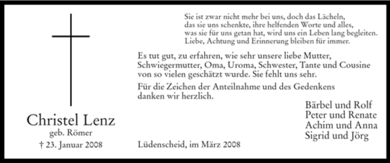  Traueranzeige für Christel Lenz vom 01.03.2008 aus WESTFÄLISCHER ANZEIGER