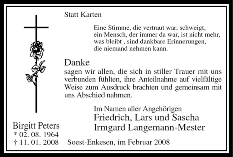  Traueranzeige für Birgit Peters vom 01.03.2008 aus WESTFÄLISCHER ANZEIGER