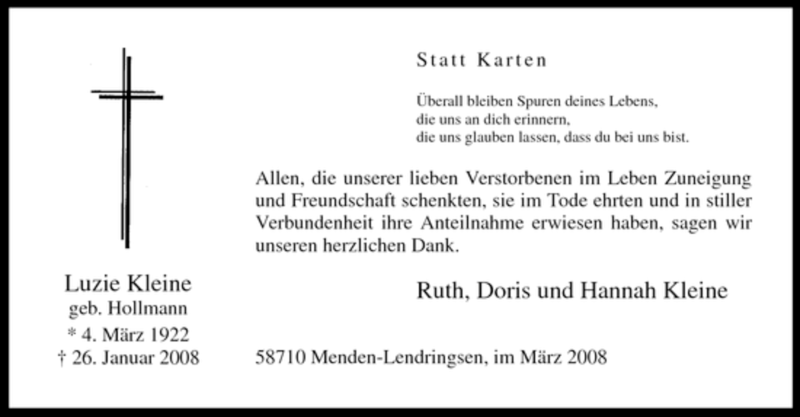  Traueranzeige für Luzie Kleine vom 01.03.2008 aus WESTFÄLISCHER ANZEIGER