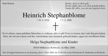 Traueranzeige von Heinrich Stephanblome von WESTFÄLISCHER ANZEIGER