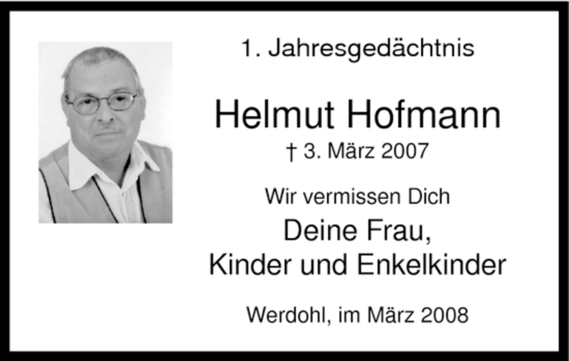  Traueranzeige für Helmut Hofmann vom 03.03.2008 aus WESTFÄLISCHER ANZEIGER