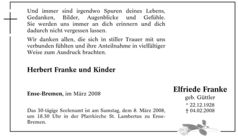  Traueranzeige für Elfriede Franke vom 04.03.2008 aus WESTFÄLISCHER ANZEIGER