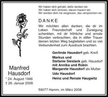 Traueranzeige von Manfred Hausdorf von WESTFÄLISCHER ANZEIGER