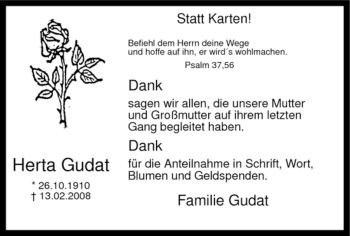 Traueranzeige von Herta Gudat von WESTFÄLISCHER ANZEIGER