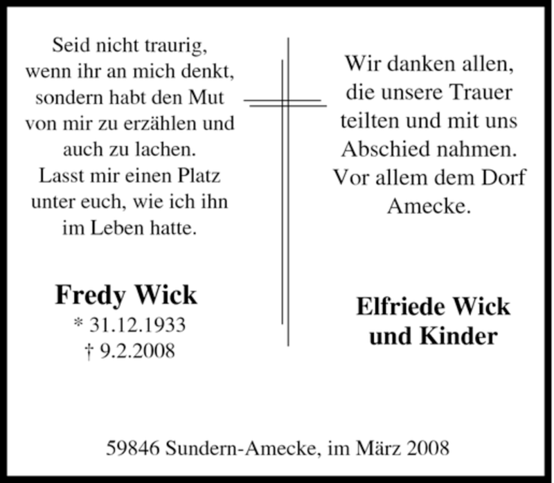  Traueranzeige für Fredy Wick vom 10.03.2008 aus WESTFÄLISCHER ANZEIGER