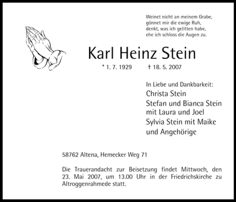  Traueranzeige für Karl Heinz Stein vom 21.05.2007 aus WESTFÄLISCHER ANZEIGER