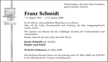 Traueranzeige von Franz Schmidt von WESTFÄLISCHER ANZEIGER