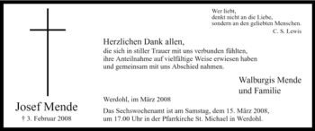 Traueranzeige von Josef Mende von WESTFÄLISCHER ANZEIGER