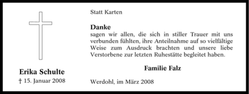  Traueranzeige für Erika Schulte vom 15.03.2008 aus WESTFÄLISCHER ANZEIGER