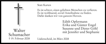 Traueranzeige von Walter Schumacher von WESTFÄLISCHER ANZEIGER