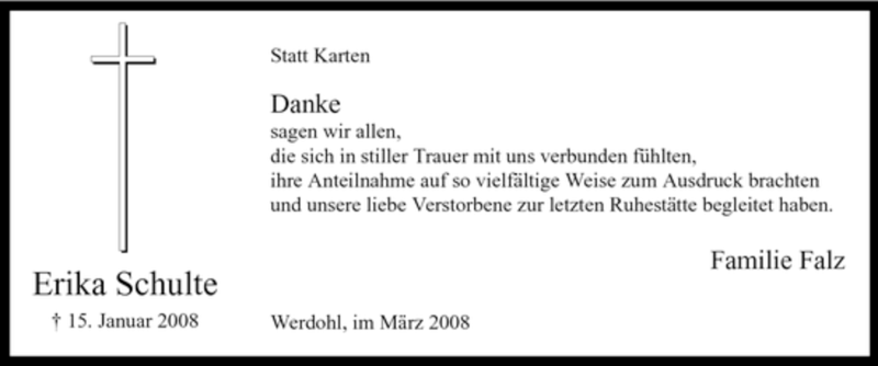  Traueranzeige für Erika Schulte vom 15.03.2008 aus WESTFÄLISCHER ANZEIGER