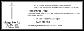 Traueranzeige von Marga Henke von WESTFÄLISCHER ANZEIGER