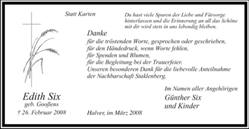Traueranzeige von Edith Six von WESTFÄLISCHER ANZEIGER
