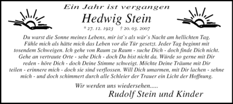  Traueranzeige für Hedwig Stein vom 20.03.2008 aus WESTFÄLISCHER ANZEIGER