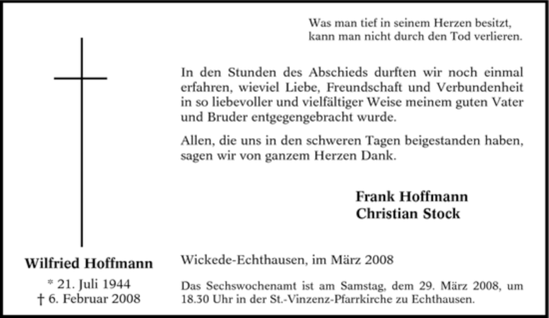  Traueranzeige für Wilfried Hoffmann vom 22.03.2008 aus WESTFÄLISCHER ANZEIGER
