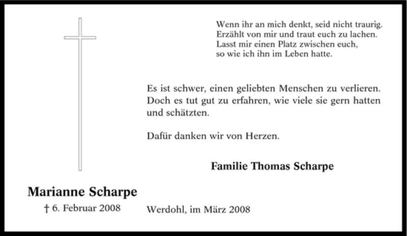  Traueranzeige für Marianne Scharpe vom 22.03.2008 aus WESTFÄLISCHER ANZEIGER