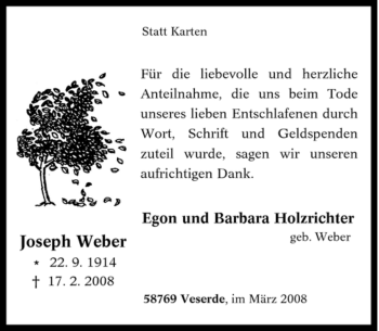 Traueranzeige von Joseph Weber von WESTFÄLISCHER ANZEIGER