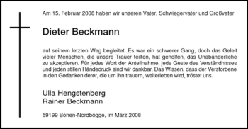 Traueranzeige von Dieter Beckmann von WESTFÄLISCHER ANZEIGER