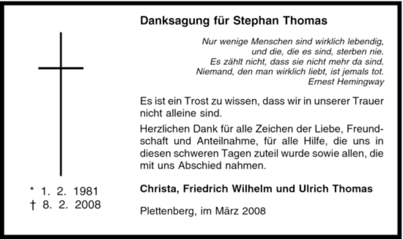  Traueranzeige für Stephan Thomas vom 22.03.2008 aus WESTFÄLISCHER ANZEIGER
