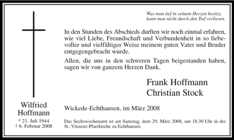  Traueranzeige für Wilfried Hoffmann vom 22.03.2008 aus WESTFÄLISCHER ANZEIGER