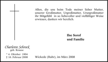 Traueranzeige von Charlotte Schrock von WESTFÄLISCHER ANZEIGER