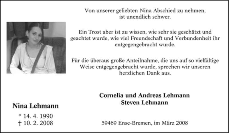  Traueranzeige für Nina Lehmann vom 29.03.2008 aus WESTFÄLISCHER ANZEIGER