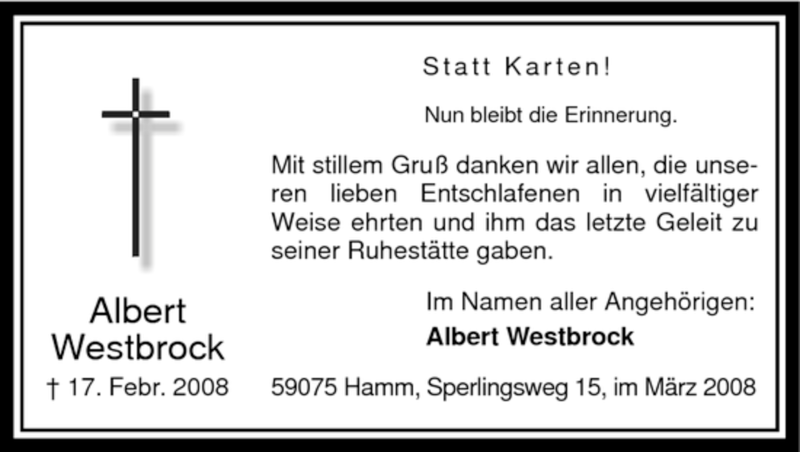  Traueranzeige für Albert Westbrock vom 29.03.2008 aus WESTFÄLISCHER ANZEIGER