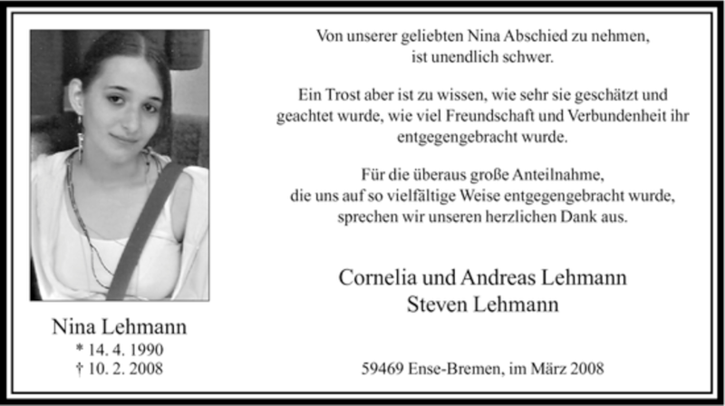  Traueranzeige für Nina Lehmann vom 29.03.2008 aus WESTFÄLISCHER ANZEIGER