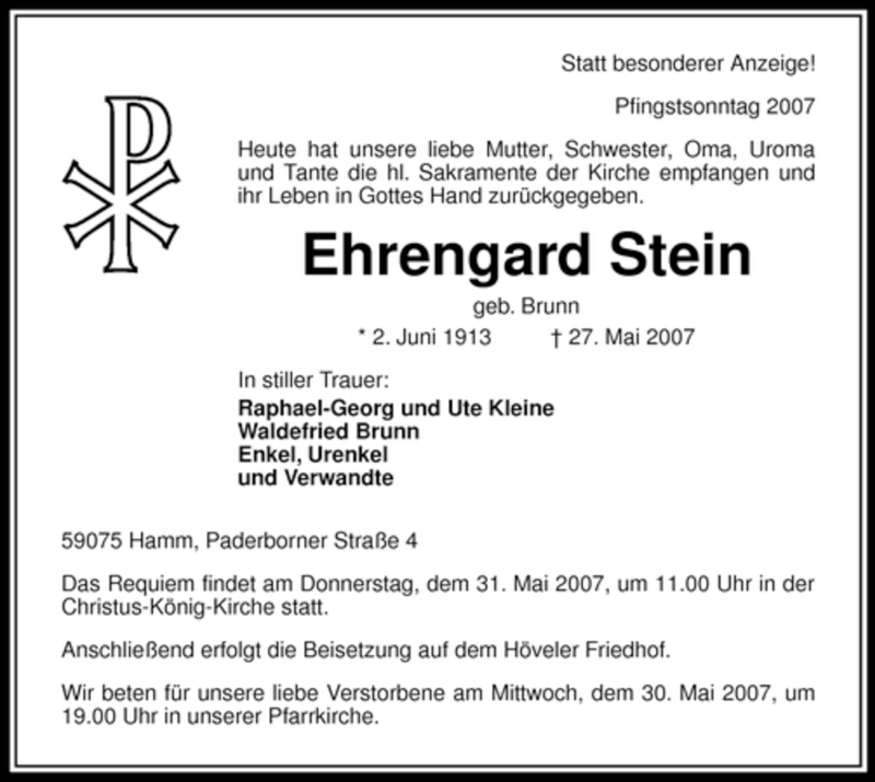  Traueranzeige für Ehrengard Stein vom 30.05.2007 aus WESTFÄLISCHER ANZEIGER