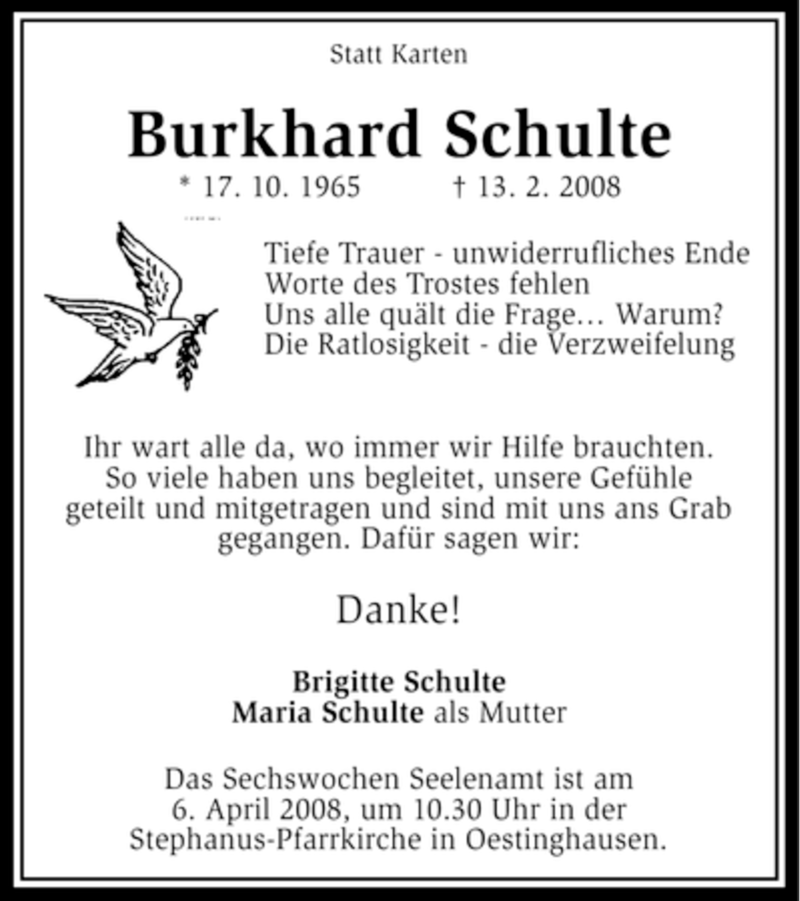  Traueranzeige für Burkhard Schulte vom 01.04.2008 aus WESTFÄLISCHER ANZEIGER