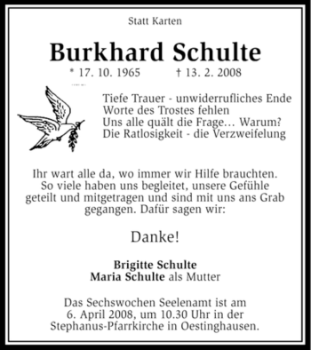 Traueranzeige von Burkhard Schulte von WESTFÄLISCHER ANZEIGER