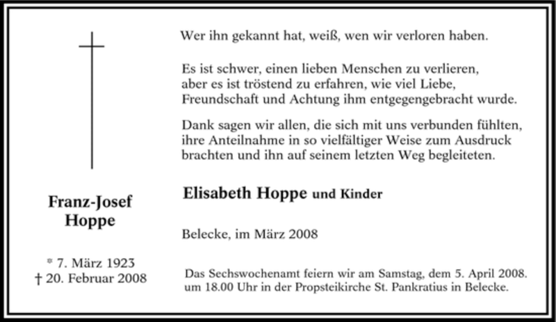  Traueranzeige für Franz-Josef Hoppe vom 01.04.2008 aus WESTFÄLISCHER ANZEIGER