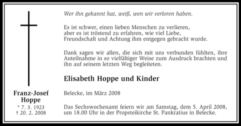  Traueranzeige für Franz-Josef Hoppe vom 01.04.2008 aus WESTFÄLISCHER ANZEIGER