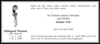Traueranzeige von Hildegard Theimer von WESTFÄLISCHER ANZEIGER