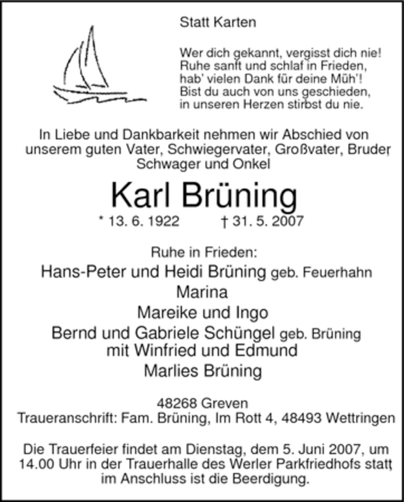  Traueranzeige für Karl Brünning vom 02.06.2007 aus WESTFÄLISCHER ANZEIGER