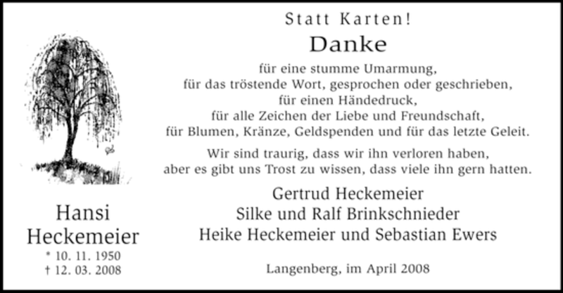  Traueranzeige für Hansi Heckemeier vom 12.04.2008 aus WESTFÄLISCHER ANZEIGER