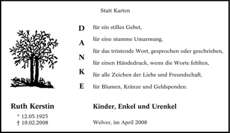  Traueranzeige für Ruth Kerstin vom 16.04.2008 aus WESTFÄLISCHER ANZEIGER