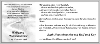 Traueranzeige von Wolfgang Hemschemeier von WESTFÄLISCHER ANZEIGER