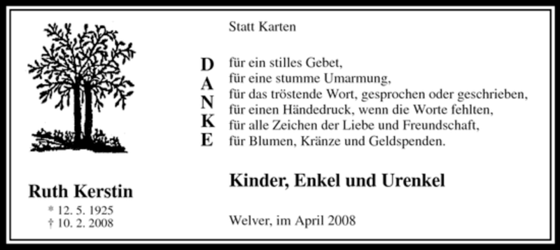  Traueranzeige für Ruth Kerstin vom 16.04.2008 aus WESTFÄLISCHER ANZEIGER