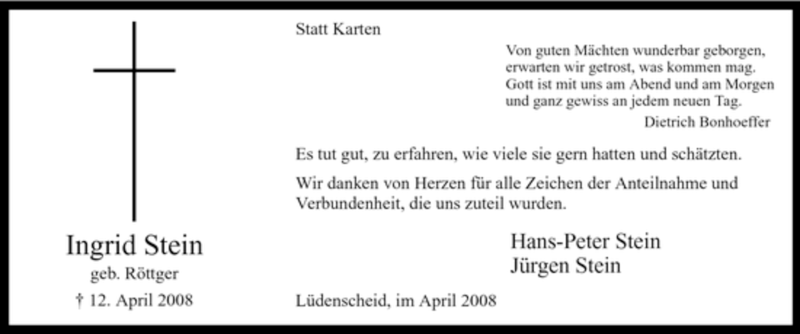  Traueranzeige für Ingrid Stein vom 30.04.2008 aus WESTFÄLISCHER ANZEIGER