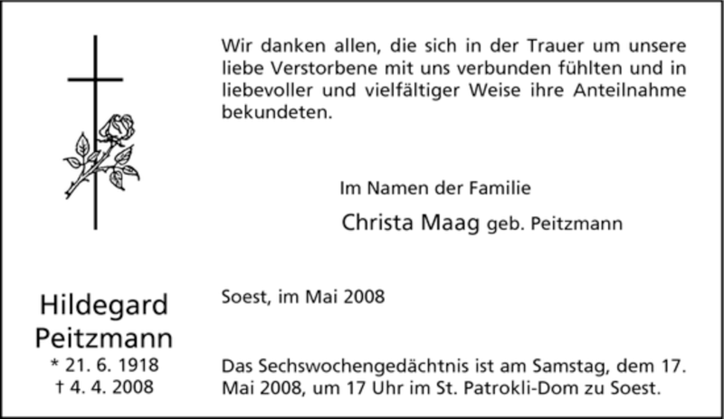  Traueranzeige für Hildegard Peitzmann vom 10.05.2008 aus WESTFÄLISCHER ANZEIGER