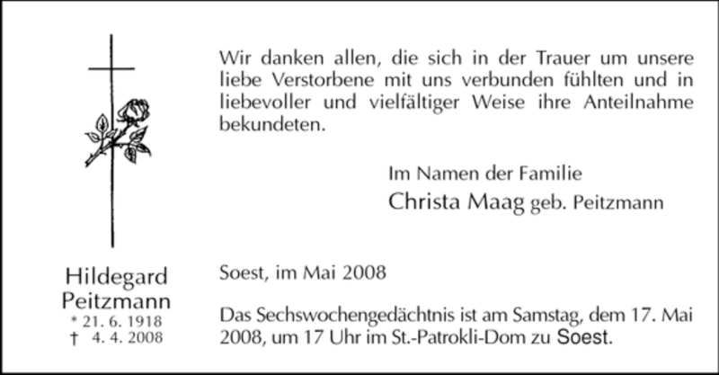  Traueranzeige für Hildegard Peitzmann vom 10.05.2008 aus WESTFÄLISCHER ANZEIGER