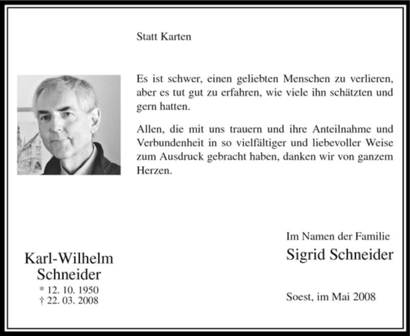  Traueranzeige für Karl-Wilhelm Schneider vom 10.05.2008 aus WESTFÄLISCHER ANZEIGER