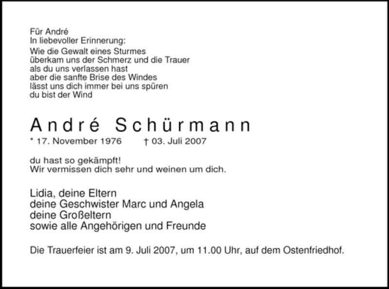  Traueranzeige für A n d r é S c h ü r m a n n vom 07.07.2007 aus WESTFÄLISCHER ANZEIGER