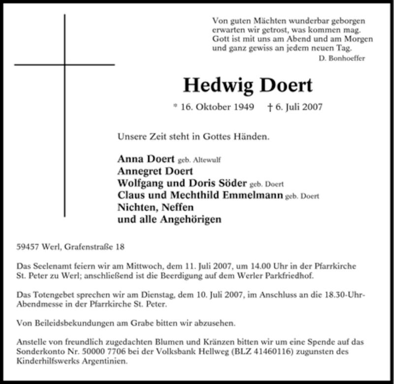  Traueranzeige für Hedwig Doert vom 09.07.2007 aus WESTFÄLISCHER ANZEIGER