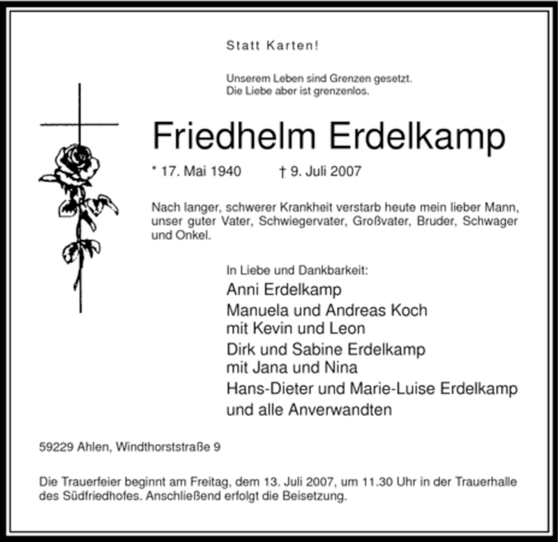  Traueranzeige für Friedhelm Erdelkamp vom 11.07.2007 aus WESTFÄLISCHER ANZEIGER