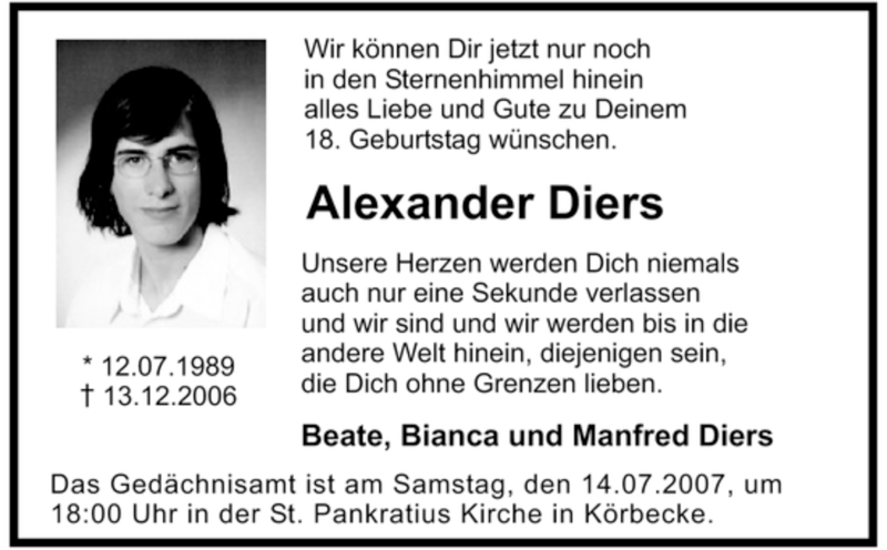  Traueranzeige für Alexander Diers vom 12.07.2007 aus WESTFÄLISCHER ANZEIGER