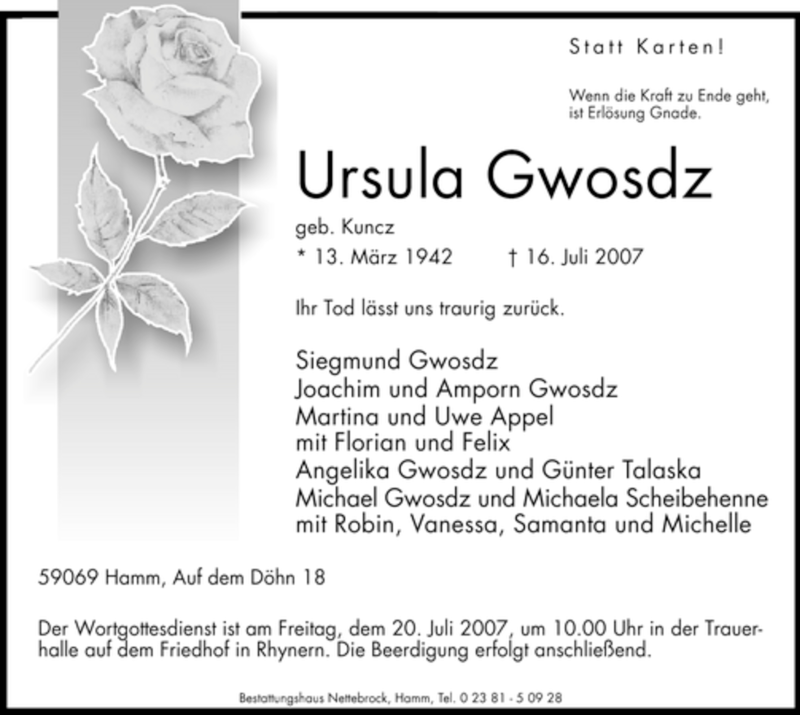  Traueranzeige für Ursula Gwosdz vom 18.07.2007 aus WESTFÄLISCHER ANZEIGER