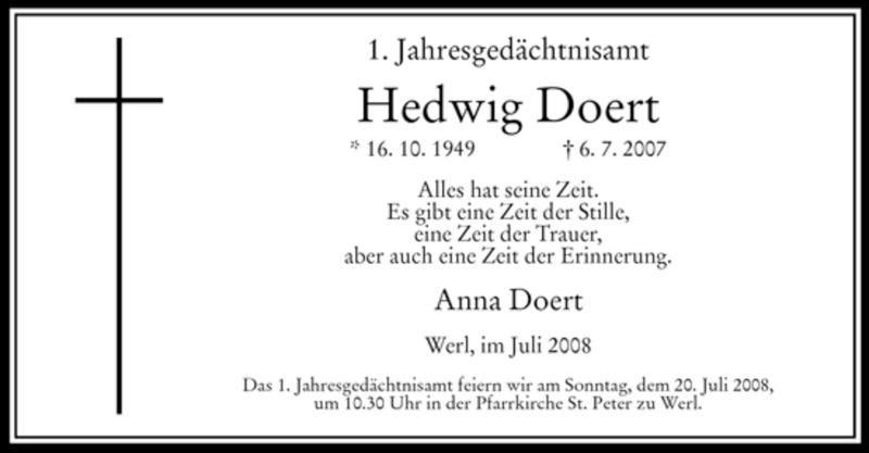  Traueranzeige für Hedwig Doert vom 12.07.2008 aus WESTFÄLISCHER ANZEIGER